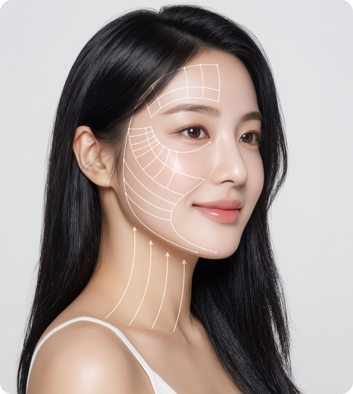 Ultherapy PRIME facial line lifting direction and SMAS layer target area visual model image at Eraser Clinic near Sinsa Station, Gangnam
